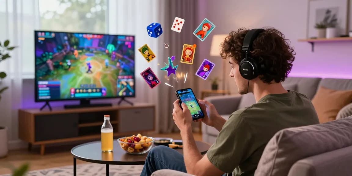 Exciting KO66 gaming lifestyle scene with player enjoying a mobile app amidst vibrant game elements in a cozy living room.