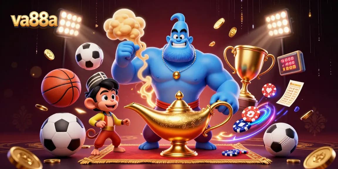 Experience thrilling gaming at va88a with dynamic casino action featuring a genie and vibrant sports elements.