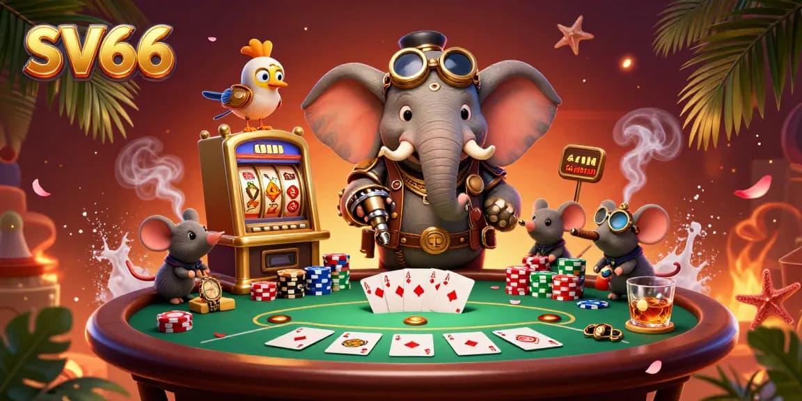 Spin the SV66 slot machine with a steampunk elephant engineer, vibrant casino atmosphere.