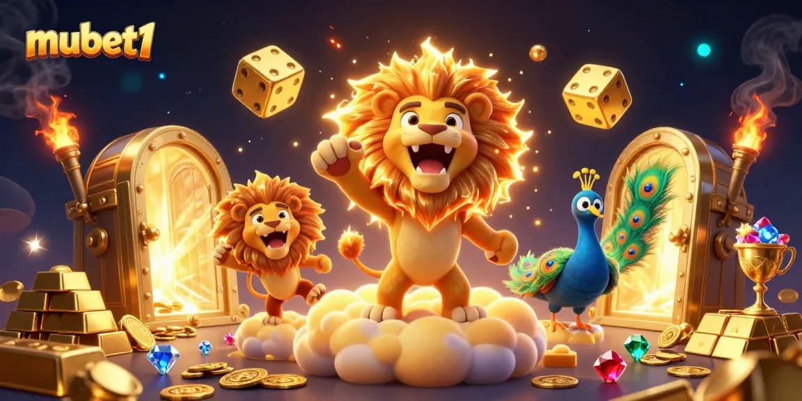 Engage in thrilling experiences with mubet1's vibrant casino scene featuring a sun lion, golden dice, and dazzling treasures.