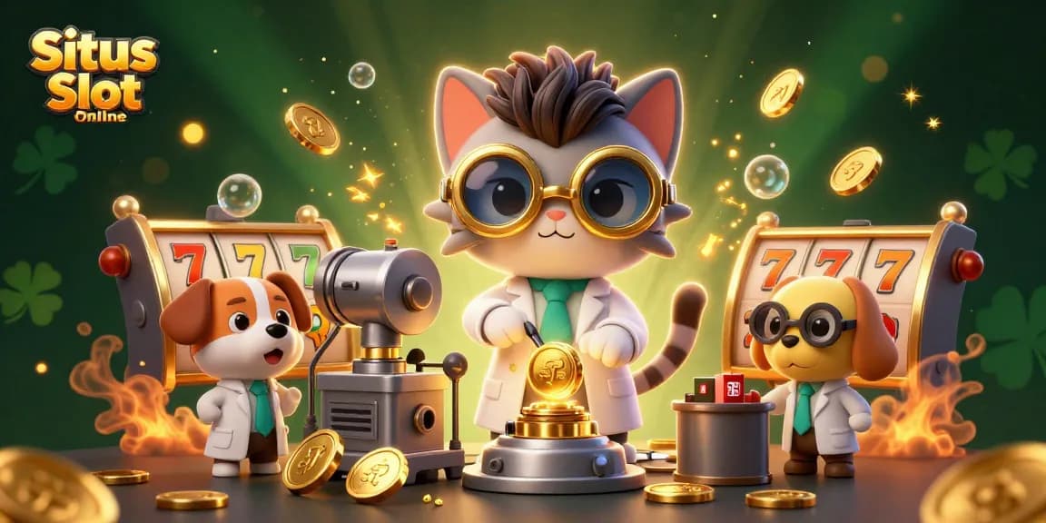 Experience excitement at Situs Slot Online with a whimsical 3D illustration of a mad scientist cat and a dog creating coin-replicating magic.