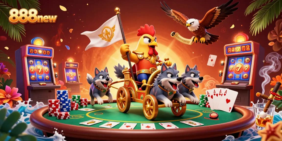 Experience thrilling gaming with 888new through vibrant 3D illustrations showcasing exciting casino action.