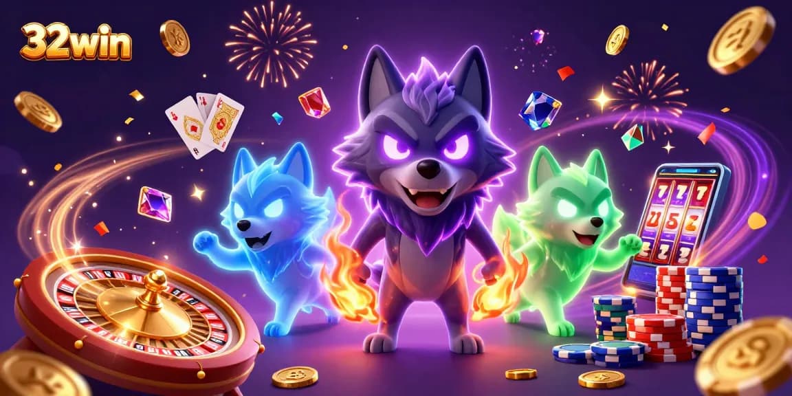 Experience thrilling wins at 32win with vibrant game scenes filled with cascading coins and festive energy.