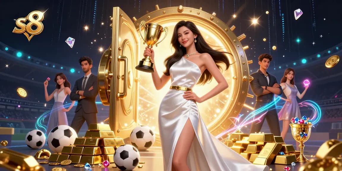 S8 gaming adventure with a victorious Asian woman holding a trophy, surrounded by sparkling casino treasures and sports betting elements.