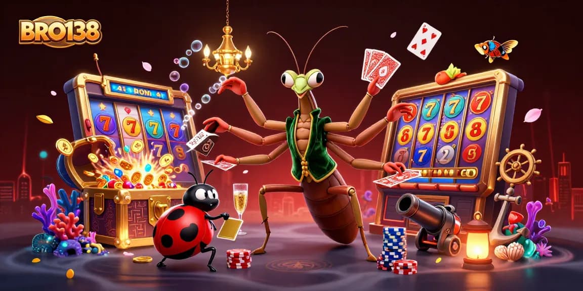 Experience thrilling Slot action at BRO138 with a lively scene of card sharp characters and dynamic elements.