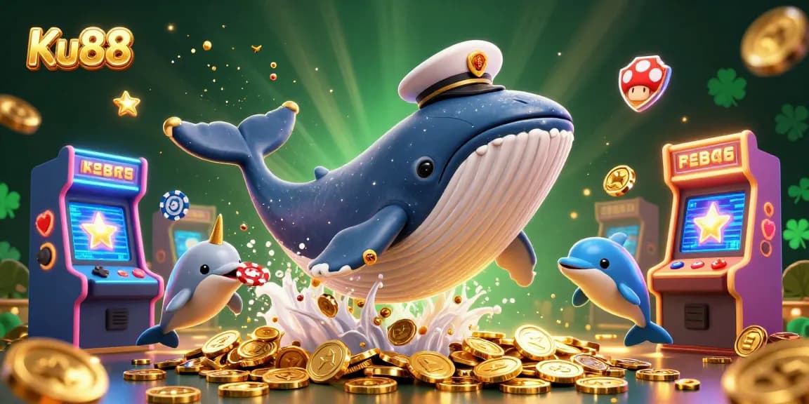 Experience thrilling gameplay at Ku88, featuring a whale and dolphins in a sea of coins.