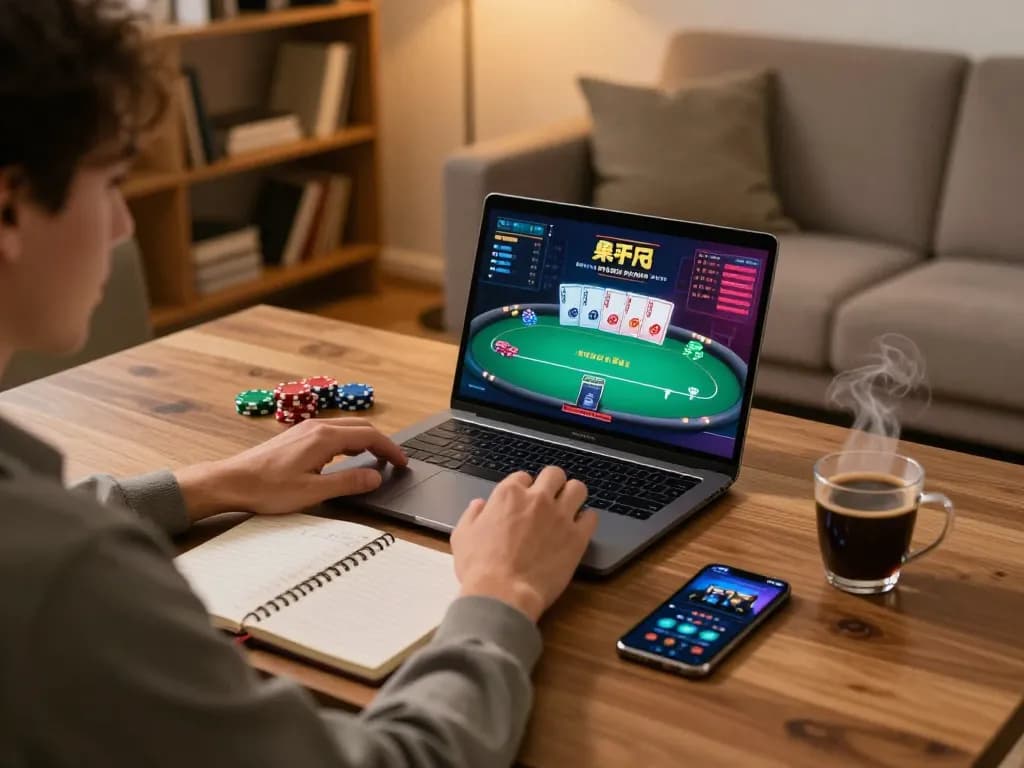 Nego77 gaming setup features a player engaged in an online poker game, showcasing laptop, notebook, and smartphone in a cozy home setting.