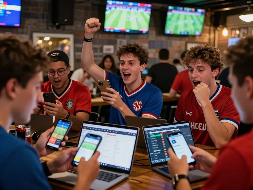 Soi kèo phạt góc action with fans eagerly placing bets on mobile devices in exciting sports bar.