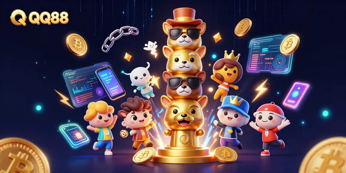 Experience thrilling gameplay at QQ88 with vibrant crypto elements and lively casino characters.