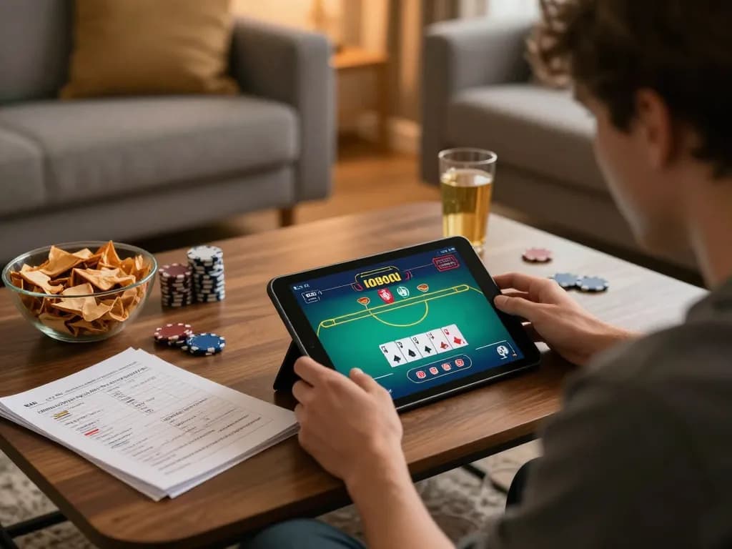 Engaging poker gameplay on a tablet showcasing strategic moves at 33win in a cozy home environment.
