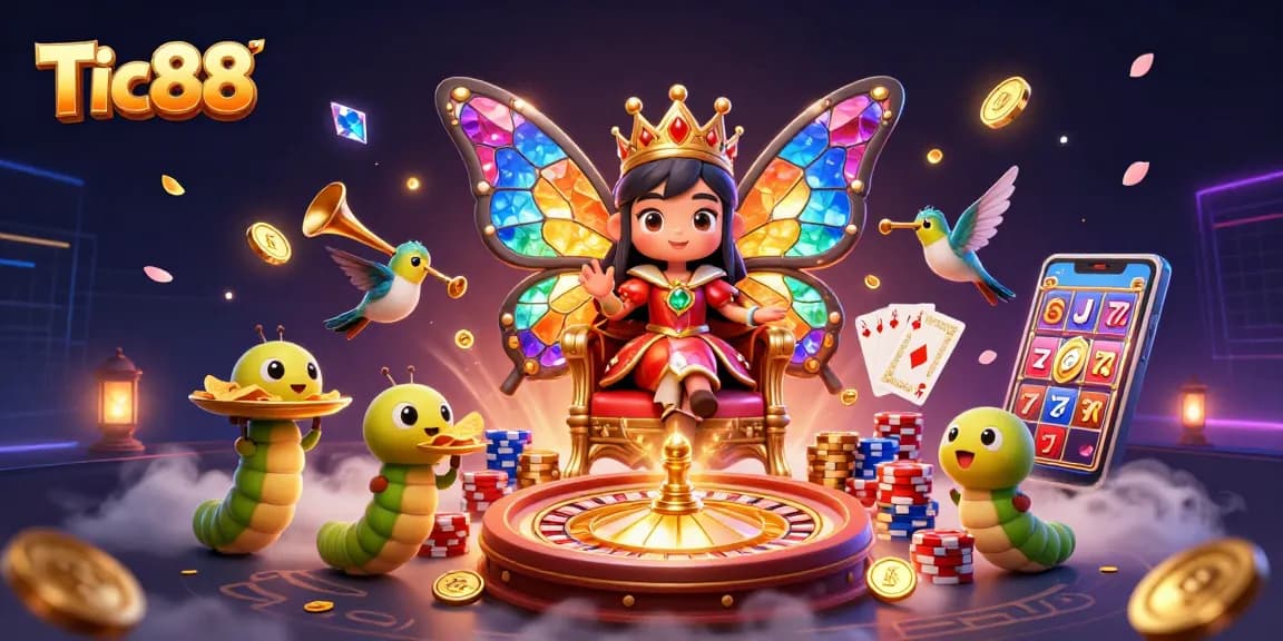 Tic88 captivates players with a colorful casino scene featuring a butterfly queen surrounded by games and treasures.