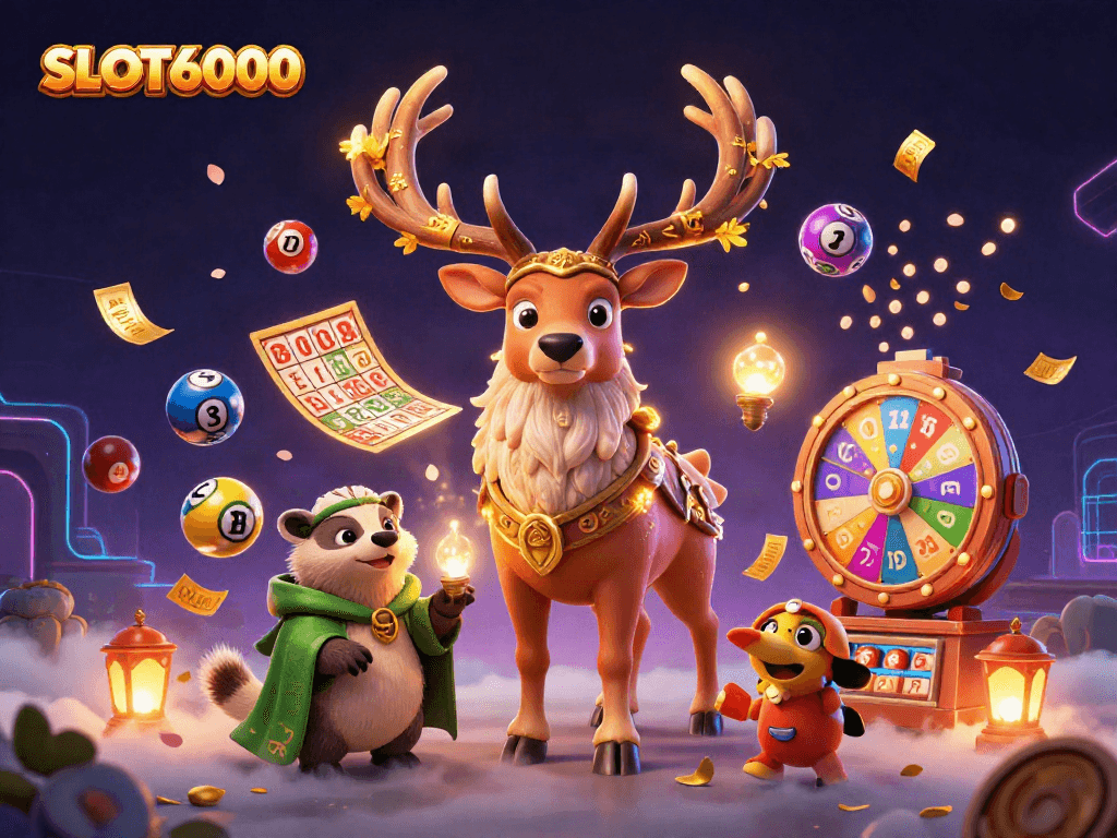 Experience the excitement of SLOT6000 with dynamic visuals of lottery elements and mystical characters.