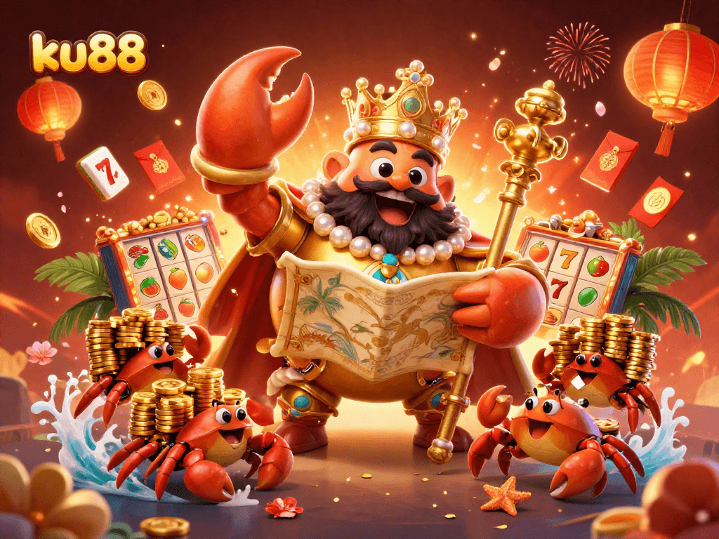 Engage in thrilling gameplay with ku88, showcasing a golden crab emperor amidst dynamic gambling elements.