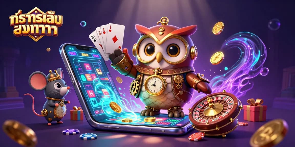 Experience ทดลองเล่นบาคาร่า with a whimsical owl and mouse in a vibrant casino scene.