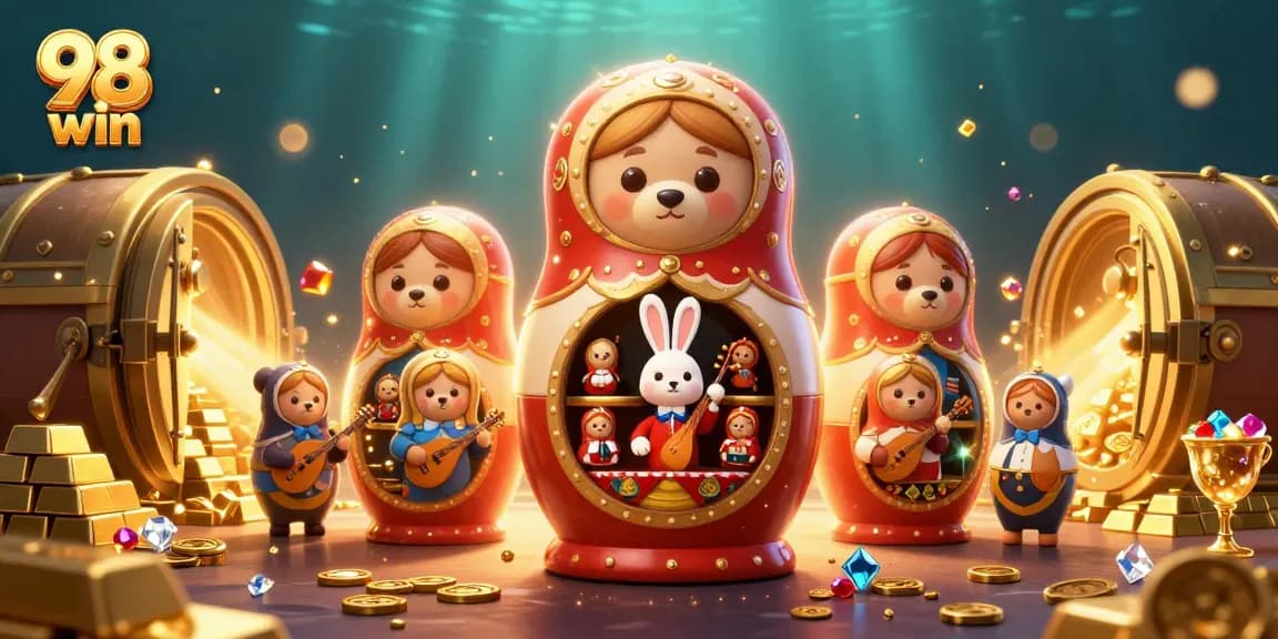 Experience the thrill of 98 win with vibrant casino action featuring dealer bears and treasure.