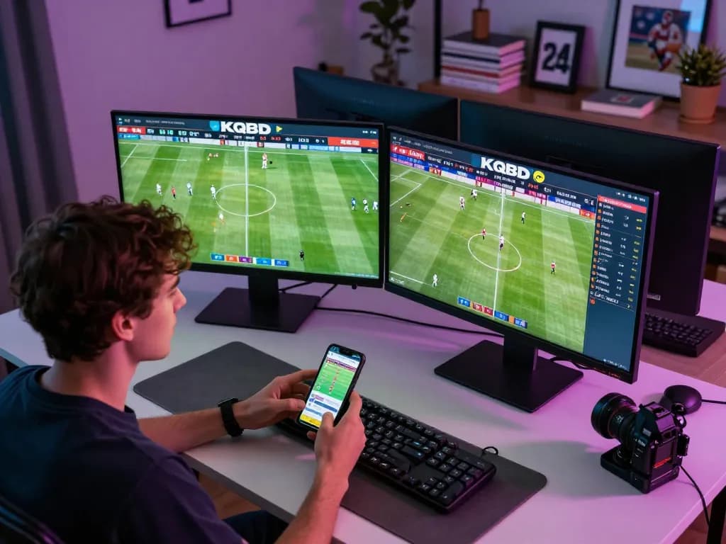 KQBD sports betting setup showing live soccer data and betting options on screens, enhancing strategic gameplay