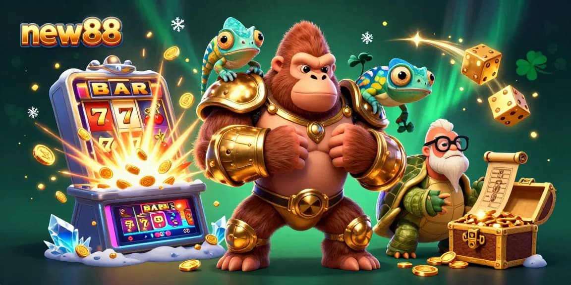 Engage in thrilling gaming at new88 with vibrant visuals of slots, jackpot, and a spectacular casino scene.