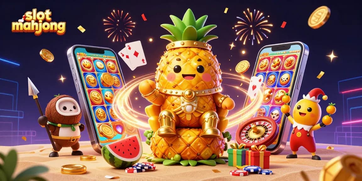 Engage in slot mahjong excitement with a vibrant 3D casino scene showcasing a pineapple king and lively characters.