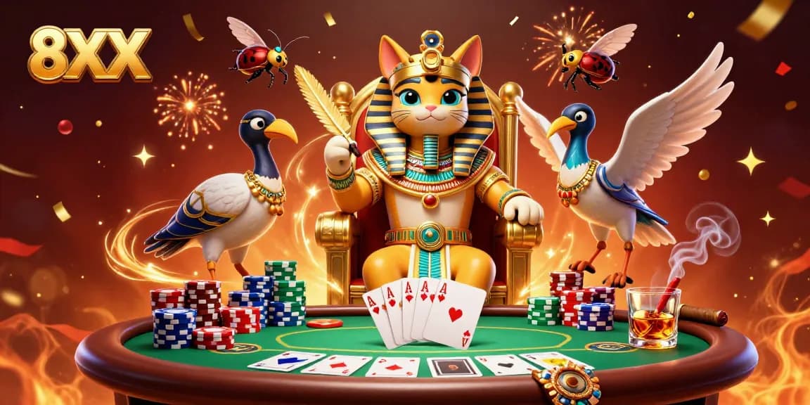 Experience thrilling poker action with the 8XX Egyptian pharaoh cat and friends in a vibrant casino scene.
