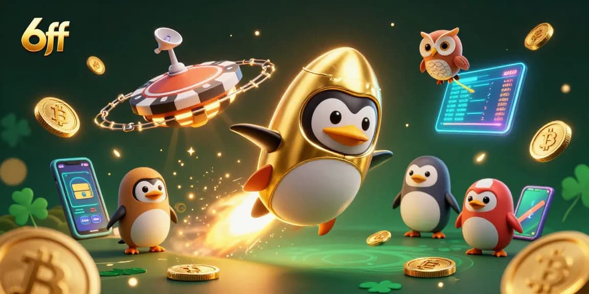 Spin the reels at 6ff with a golden penguin soaring towards a vibrant casino space!
