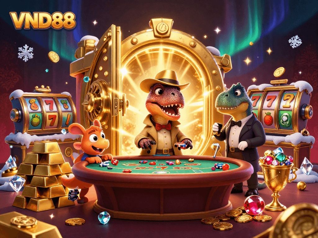 Experience the thrilling VND88 casino scene with a velociraptor at the blackjack table, gleaming treasures around.