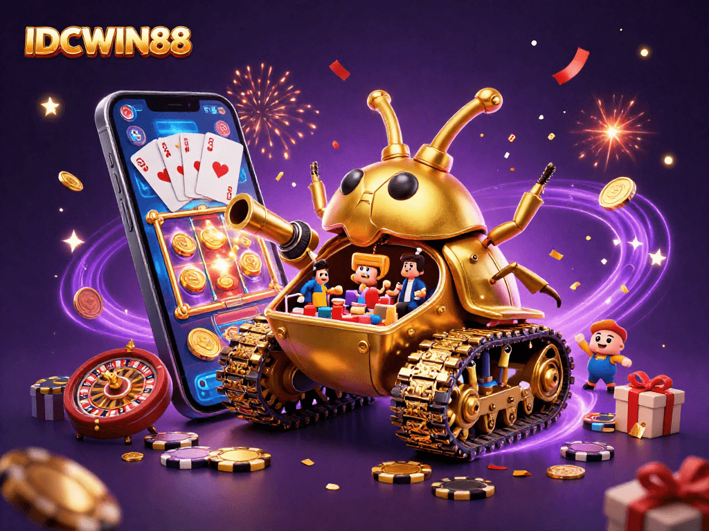 Engage with IDCWIN88: a vibrant casino scene with a golden beetle tank revealing a miniature casino.