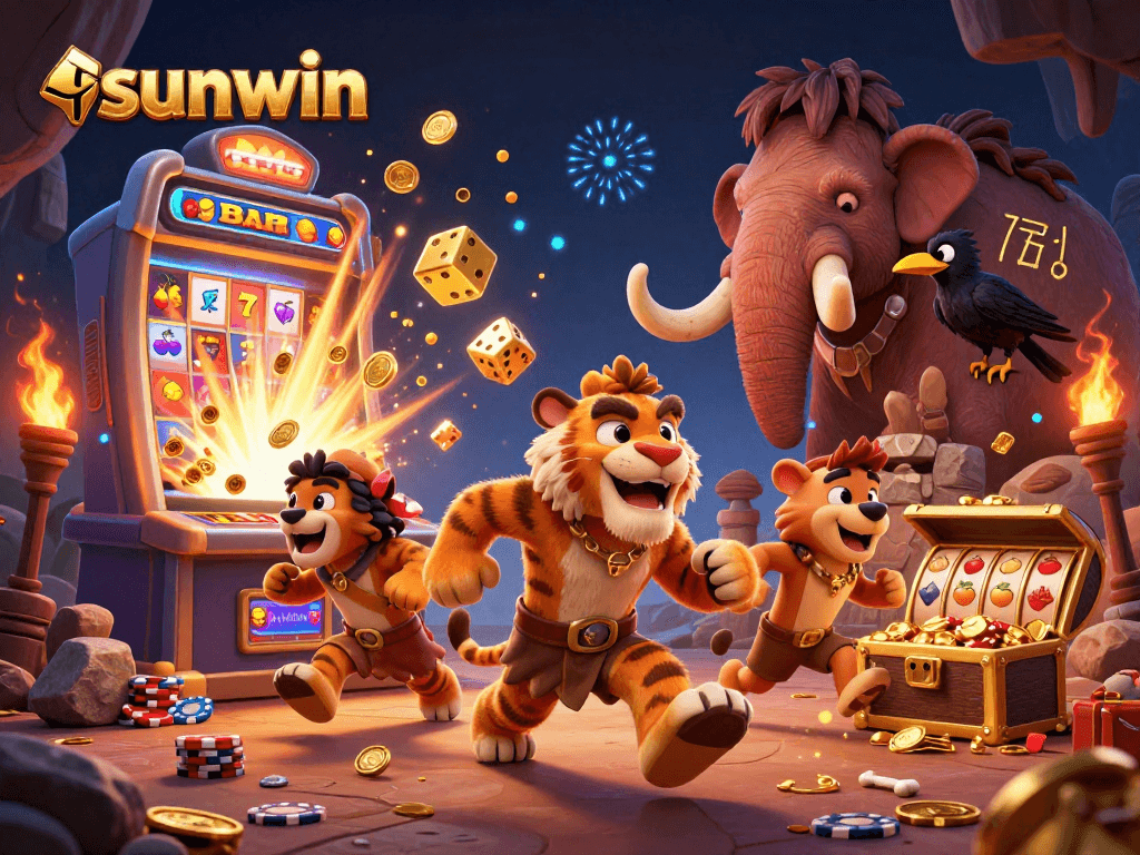 Experience jackpot wins with sunwin in a dynamic prehistoric casino scene packed with fun elements.