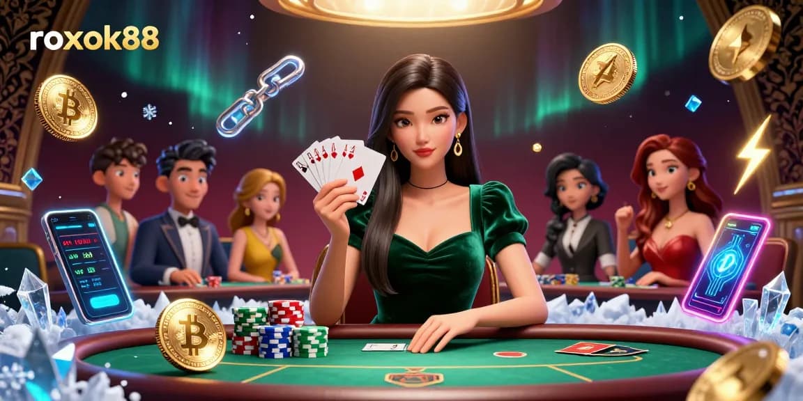 Play strategic poker at rokok88 with a stunning Asian woman, luxury setting, and crypto elements.