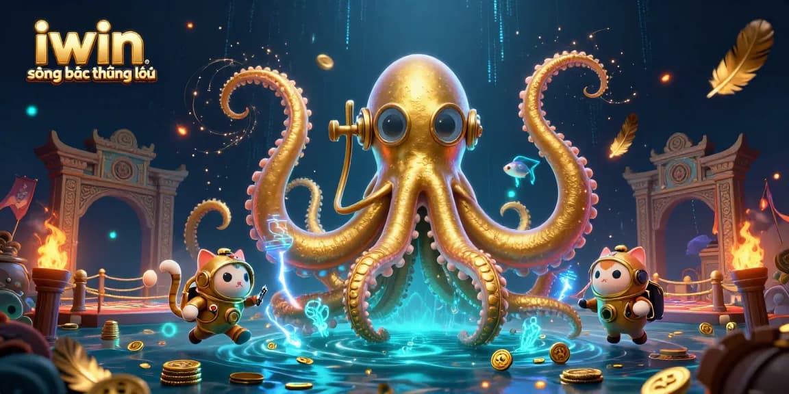 Engaging iwin sòng bạc thượng lưu illustration featuring a dramatic scene with a kraken, diving cat, and deep-sea fish.