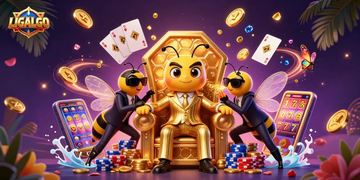 LIGALGO showcases a bustling casino scene with a bumblebee mob boss, sparkling coins, and slot symbols.