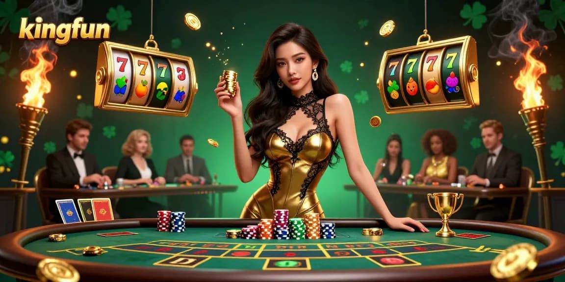 Engage in thrilling games at Kingfun as a glamorous player wins at the baccarat table.
