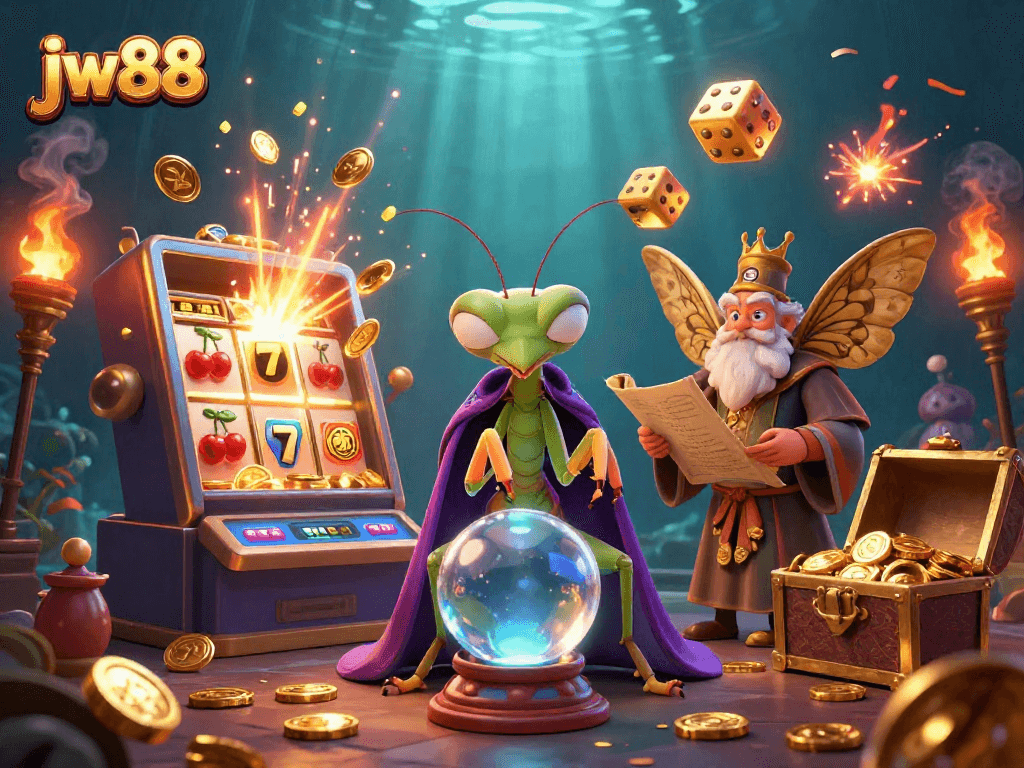 Experience the excitement of jw88 with a vibrant casino scene including slot machines and fortune teller characters.