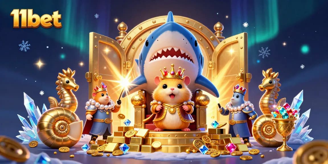 Experience the vibrant casino world of 11bet with animated treasures and a hamster king enthroned amidst riches.
