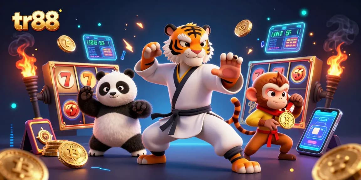 Play at tr88 and join the action with fun slot reels and exciting jackpots featured in this vibrant scene.