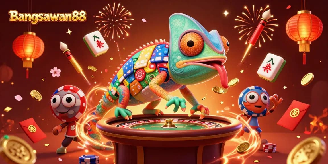 Bangsawan88 chameleon owner captures golden coins, vibrant casino celebration scene