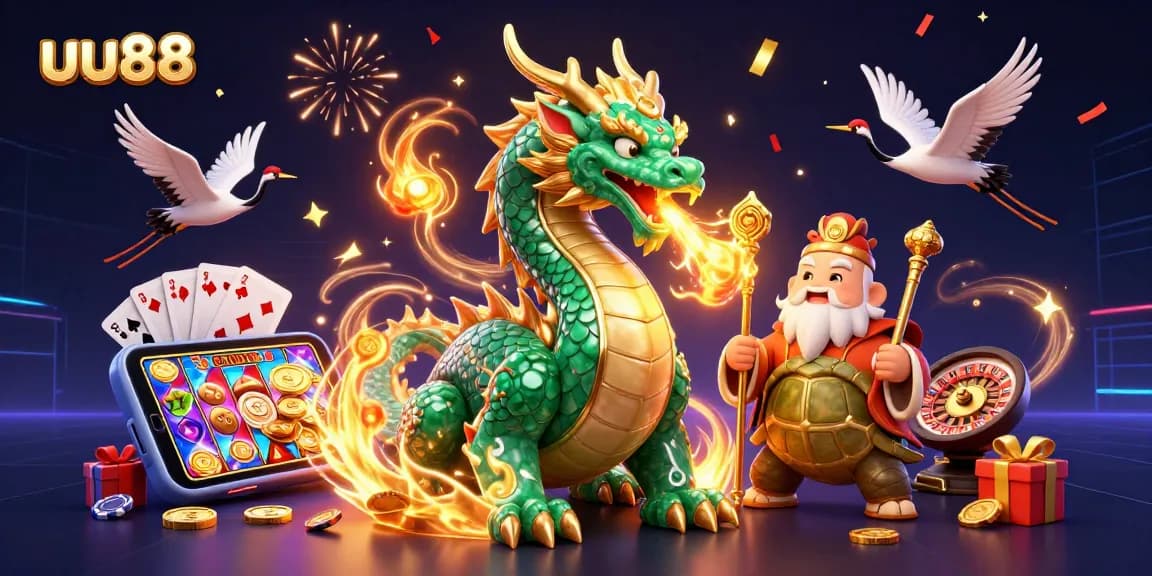 Engage in thrilling gaming adventures with uu88, featuring a majestic dragon and exciting casino elements.