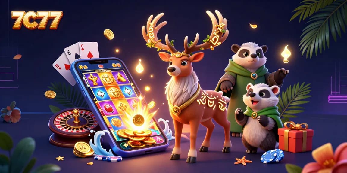 Join the game at 7C777 with a vibrant slot and casino atmosphere, featuring rich characters and dynamic elements.