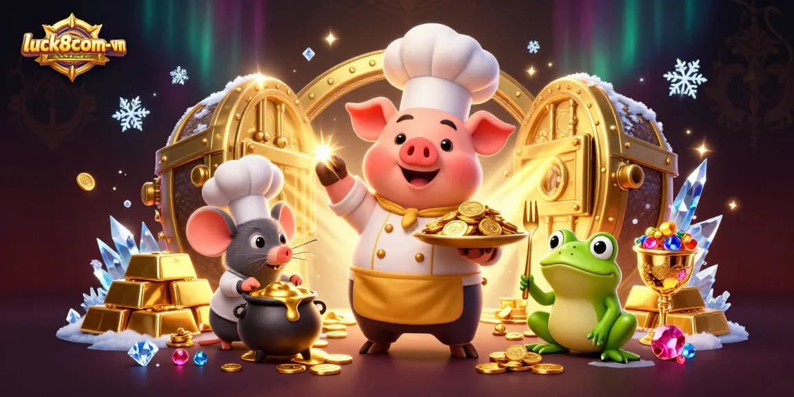 Engage with luck8com-vn in a lavish casino world filled with gold coins, treasures, and vibrant characters.