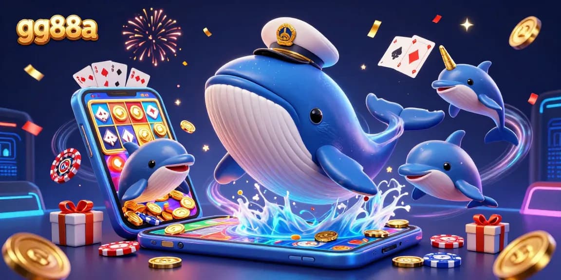 gg88a captures a vibrant casino scene with a cartoon whale showcasing the excitement of online gaming.