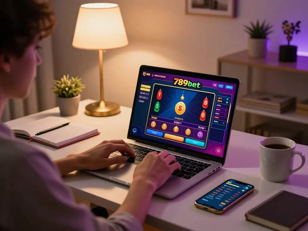 Engaged player using 789bet online casino on their laptop, showcasing vibrant gaming interface and cozy setup.