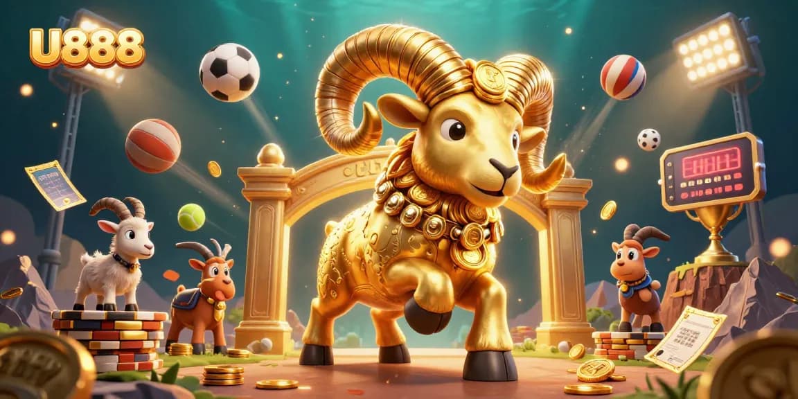 Watch U888's golden ram charging through a vibrant casino scene filled with sports and gaming elements.