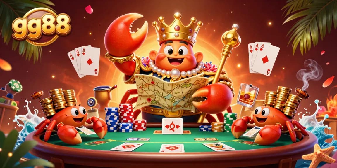 Experience the thrills of GG88 with golden crab emperor, poker elements, and vibrant casino action.
