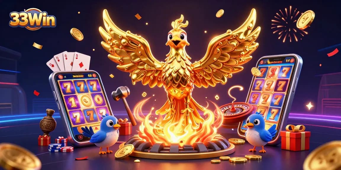 Experience the excitement of 33Win with a dazzling cartoon phoenix and casino elements.