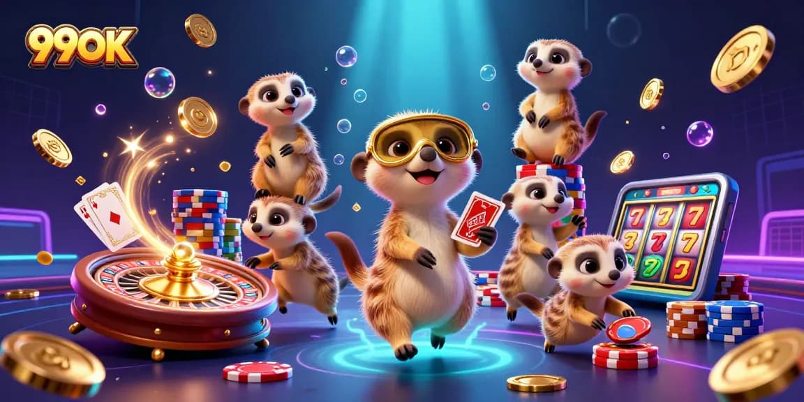 Experience the excitement of 99OK with animated meerkats managing a lively casino filled with gold coins and jewels.
