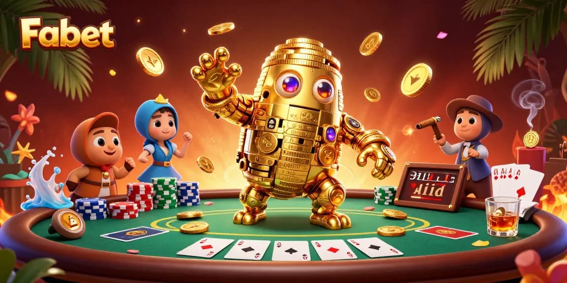 Engage with Fabet's 3D casino adventure featuring a golden golem and poker table elements.