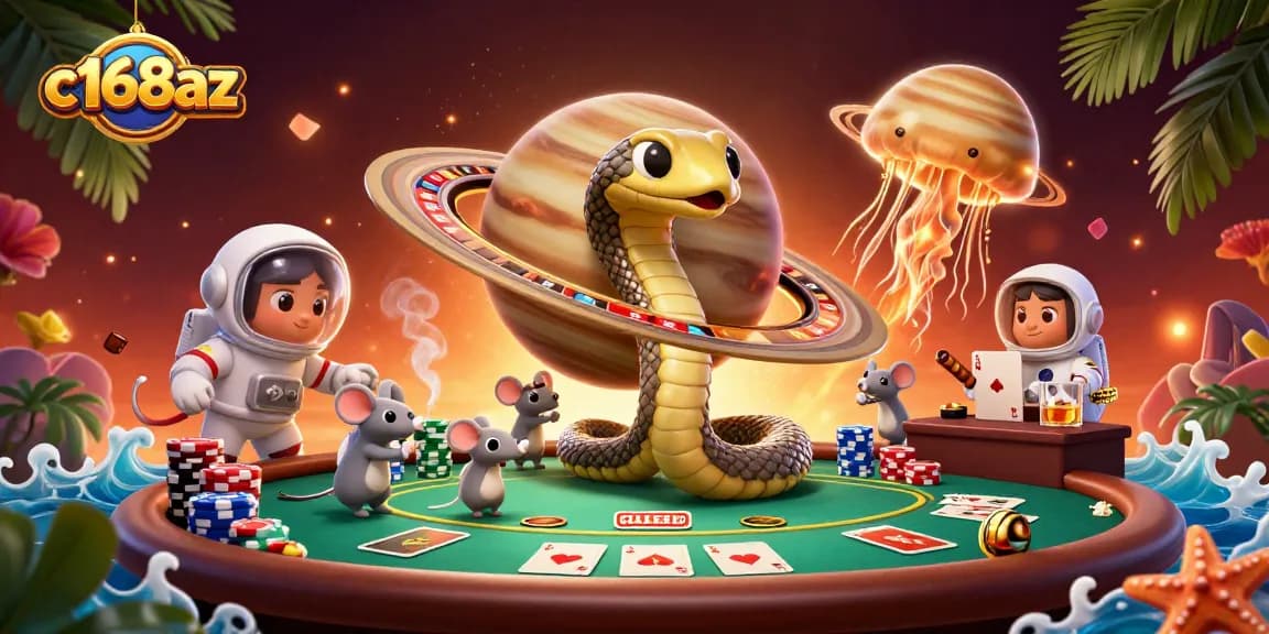 Bet on c168az with vibrant 3D illustration featuring playful mice and cosmic characters at a roulette-themed scene.