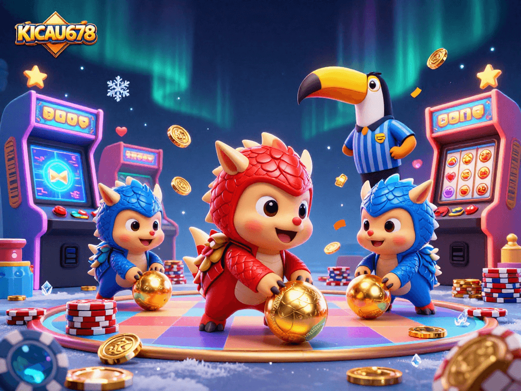KICAU678 presents a thrilling gaming scene with pangolins competing in a colorful casino environment.