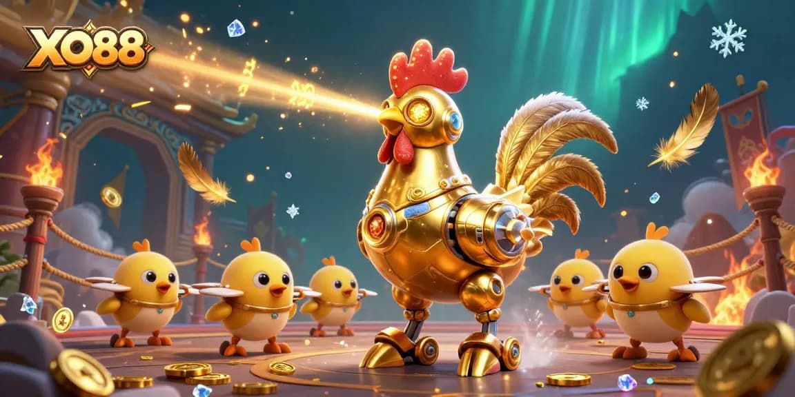 Experience thrilling gameplay at XO88 with golden rooster robot and baby chick drones in action.