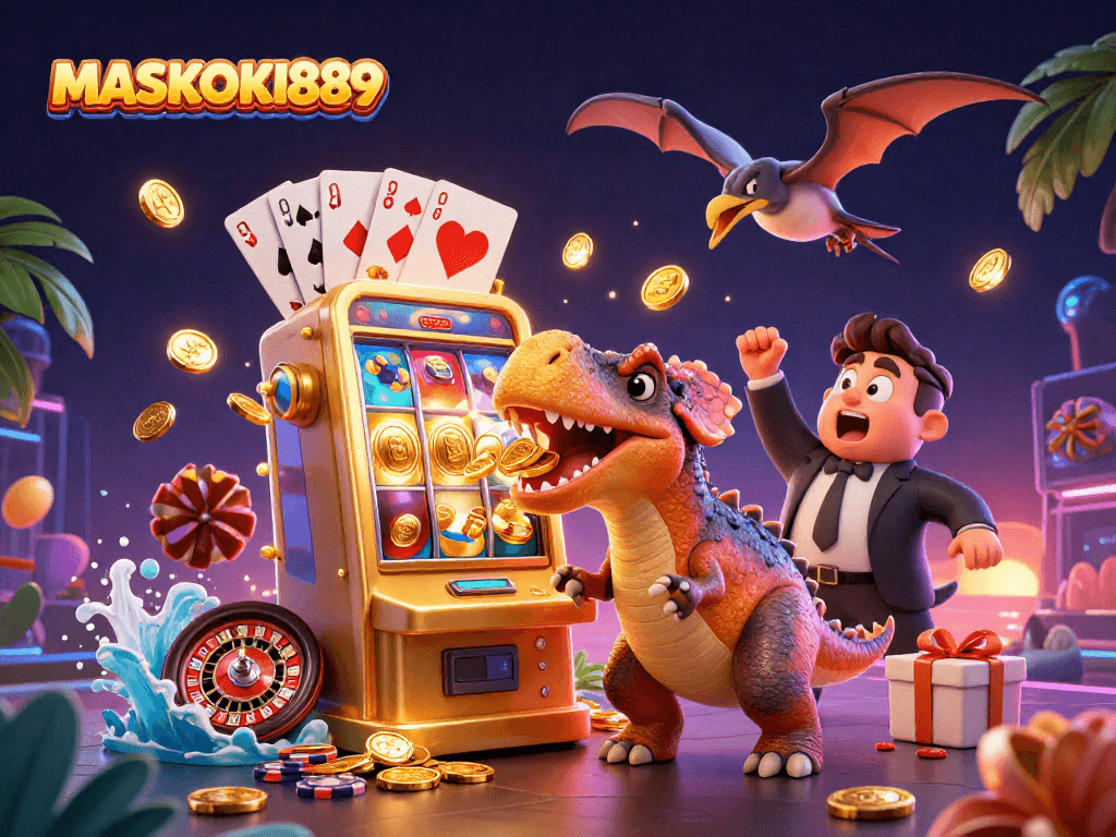 Experience excitement with MASKOKI889 as cartoon dinosaurs celebrate jackpot wins amidst vibrant casino action.