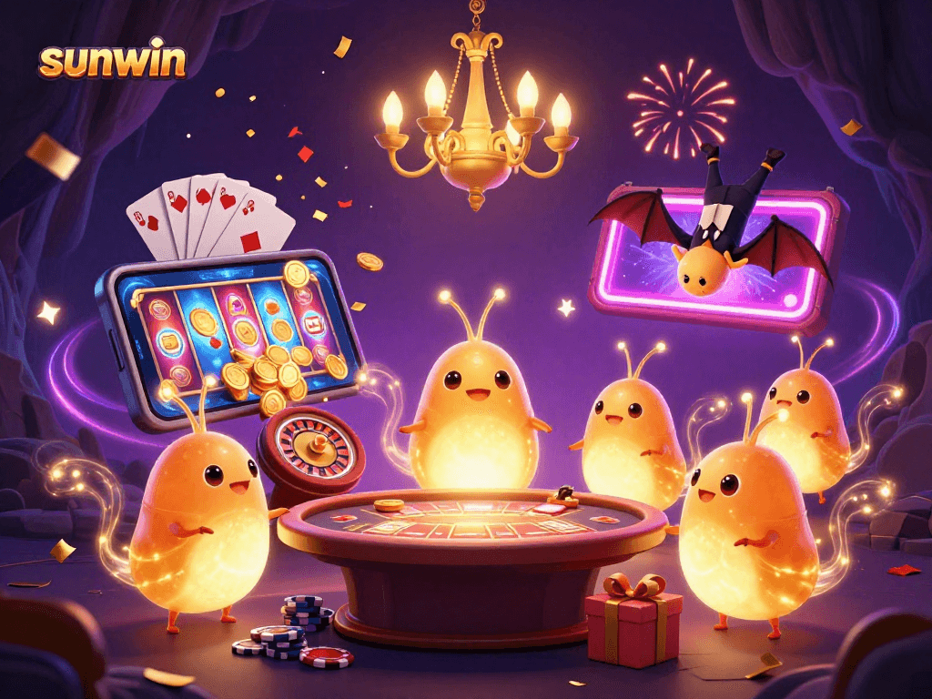 Win big with sunwin in a vibrant cave casino featuring glowworms and a bat dealer.